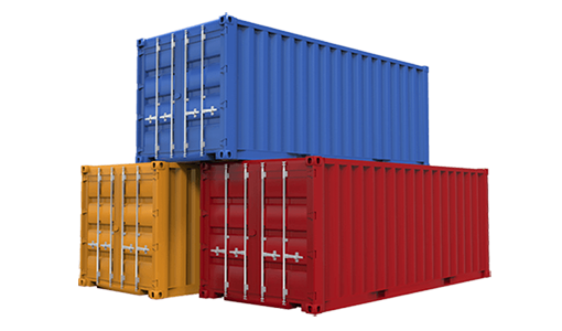 stacked red, blue and yellow shipping containers